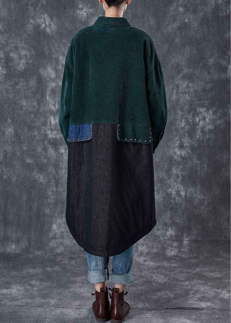 Art Blackish Green Rivet Patchwork Corduroy Fin Bomuld Fyldt Frakke Vinter - Dame trenchcoats