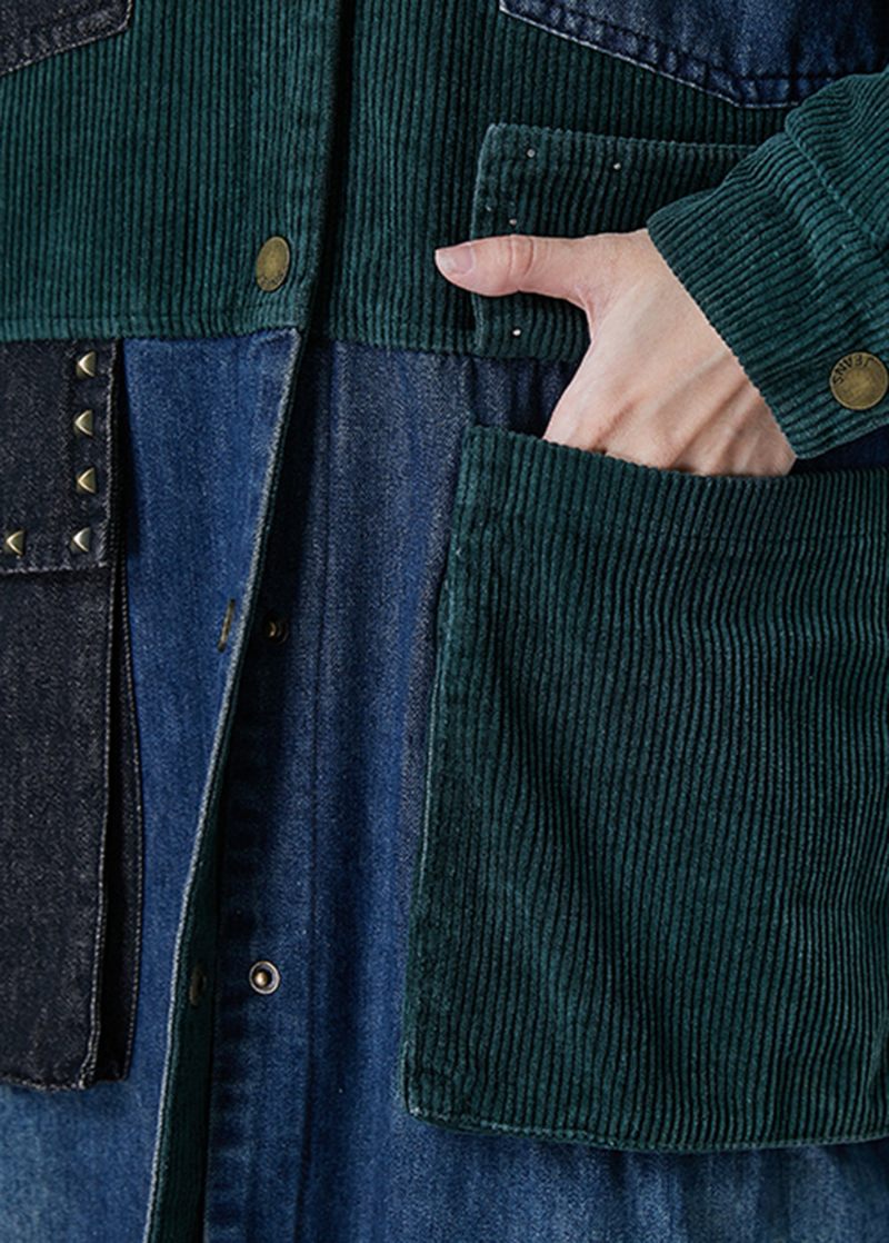 Art Blackish Green Rivet Patchwork Corduroy Fin Bomuld Fyldt Frakke Vinter - Dame trenchcoats