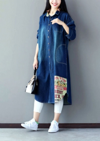 Art Blue Oversized Patchwork Applique Bomuld Denim Trench Spring