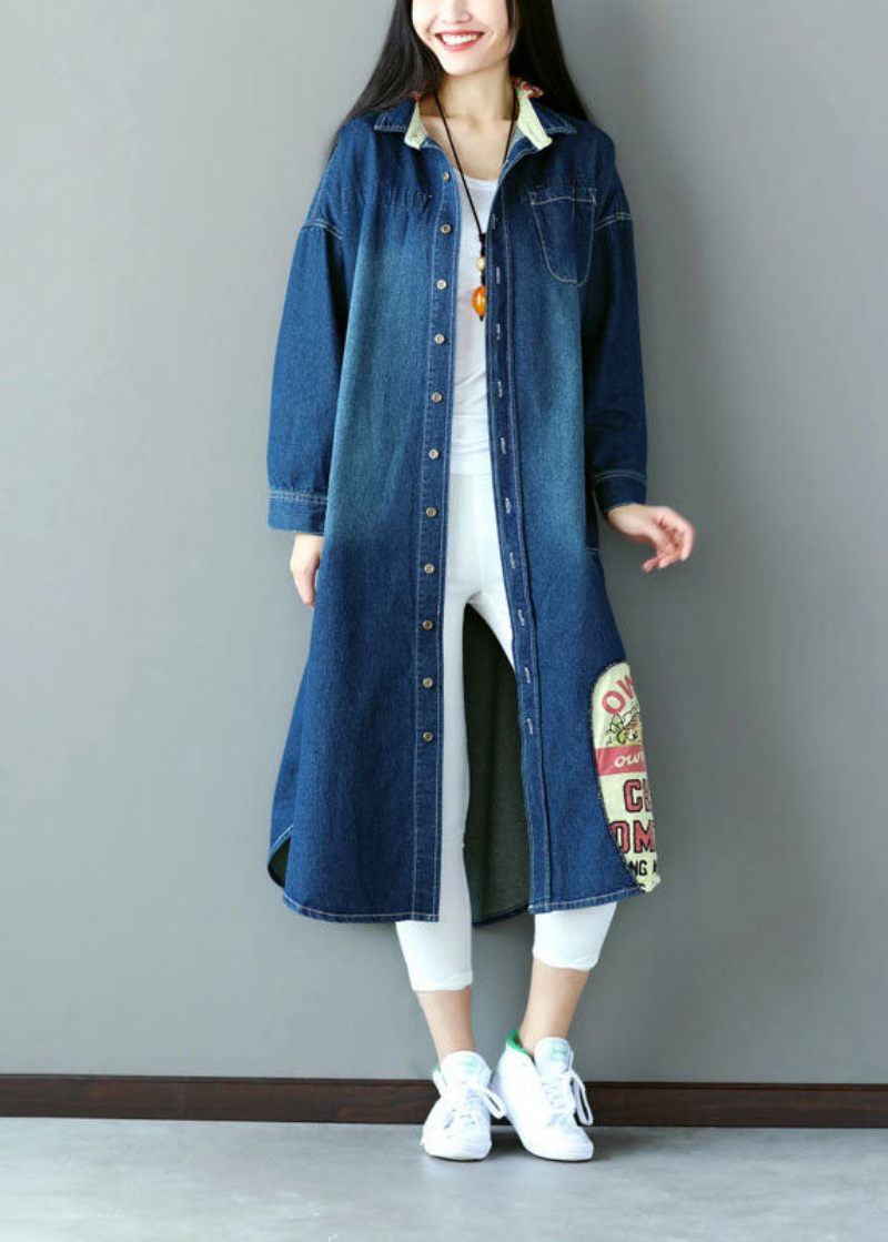 Art Blue Oversized Patchwork Applique Bomuld Denim Trench Spring - Dame trenchcoats