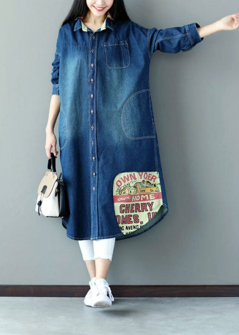 Art Blue Oversized Patchwork Applique Bomuld Denim Trench Spring - Dame trenchcoats