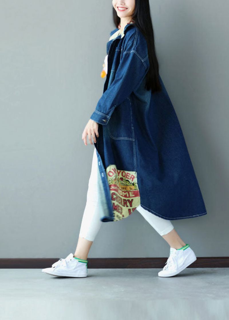 Art Blue Oversized Patchwork Applique Bomuld Denim Trench Spring - Dame trenchcoats