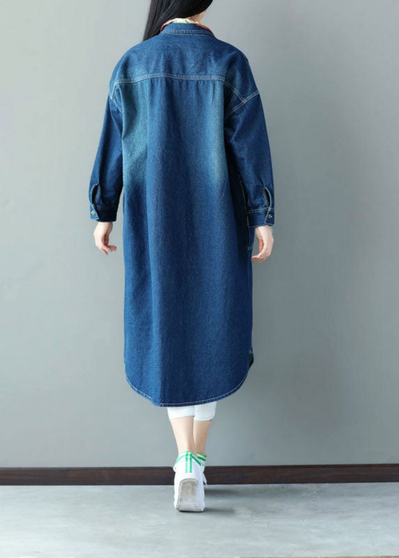 Art Blue Oversized Patchwork Applique Bomuld Denim Trench Spring - Dame trenchcoats