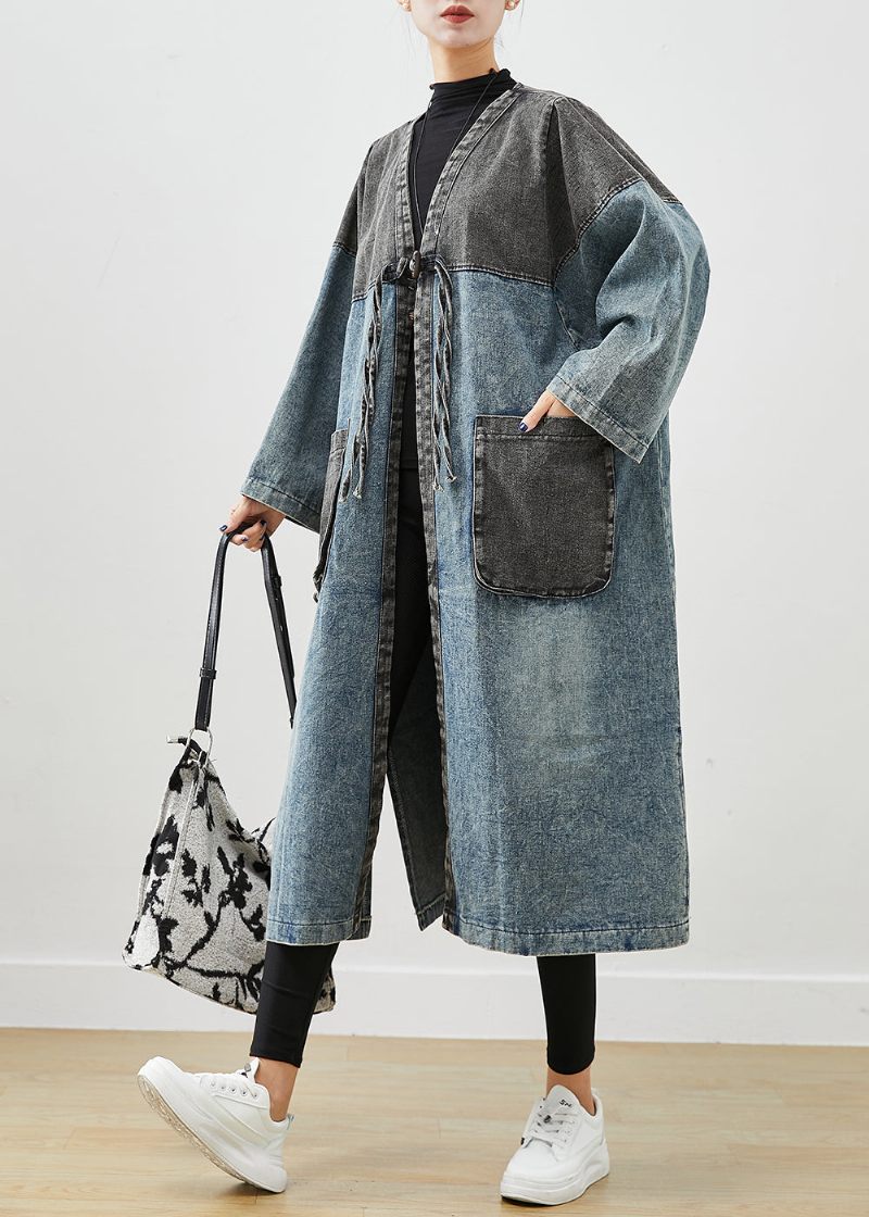 Art Blue Oversized Patchwork Lace Up Denim Cardigan Fall - Dame trenchcoats