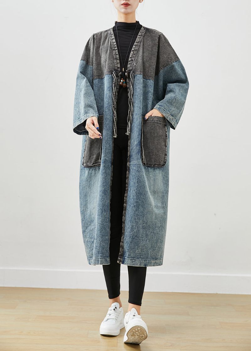 Art Blue Oversized Patchwork Lace Up Denim Cardigan Fall - Dame trenchcoats