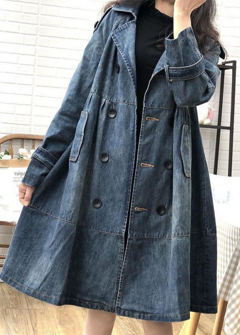 Art Blue Peter Pan Krave Lommer Knap Fall Denim Trench Coats Frakke