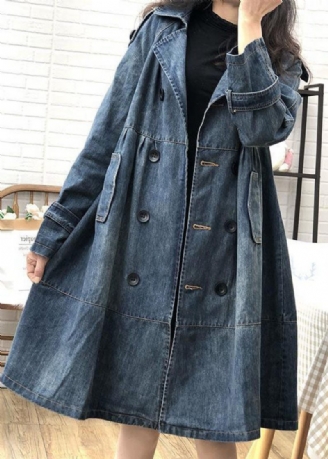 Art Blue Peter Pan Krave Lommer Knap Fall Denim Trench Coats Frakke