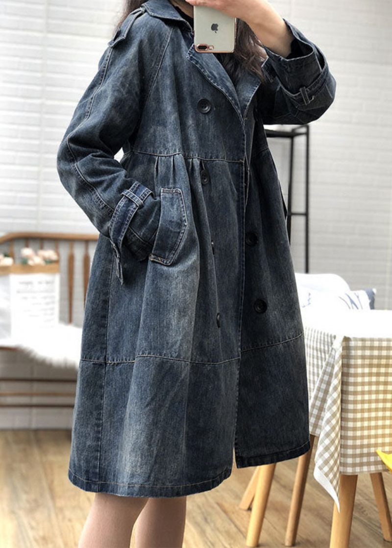 Art Blue Peter Pan Krave Lommer Knap Fall Denim Trench Coats Frakke - Dame trenchcoats