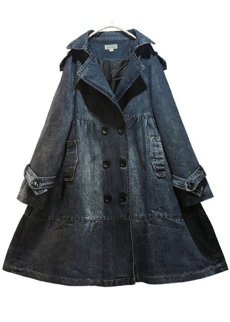 Art Blue Peter Pan Krave Lommer Knap Fall Denim Trench Coats Frakke - Dame trenchcoats