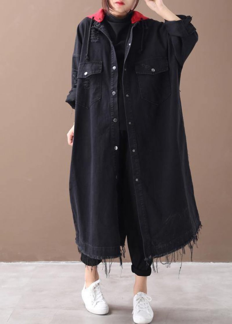 Art Denim Sort Plus Size Tøj Skjorter Hætte Button Down Frakker - Dame trenchcoats