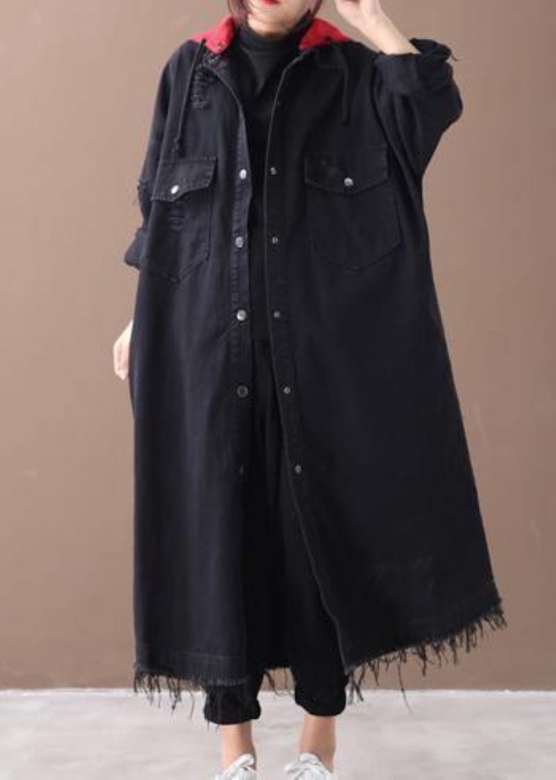 Art Denim Sort Plus Size Tøj Skjorter Hætte Button Down Frakker - Dame trenchcoats