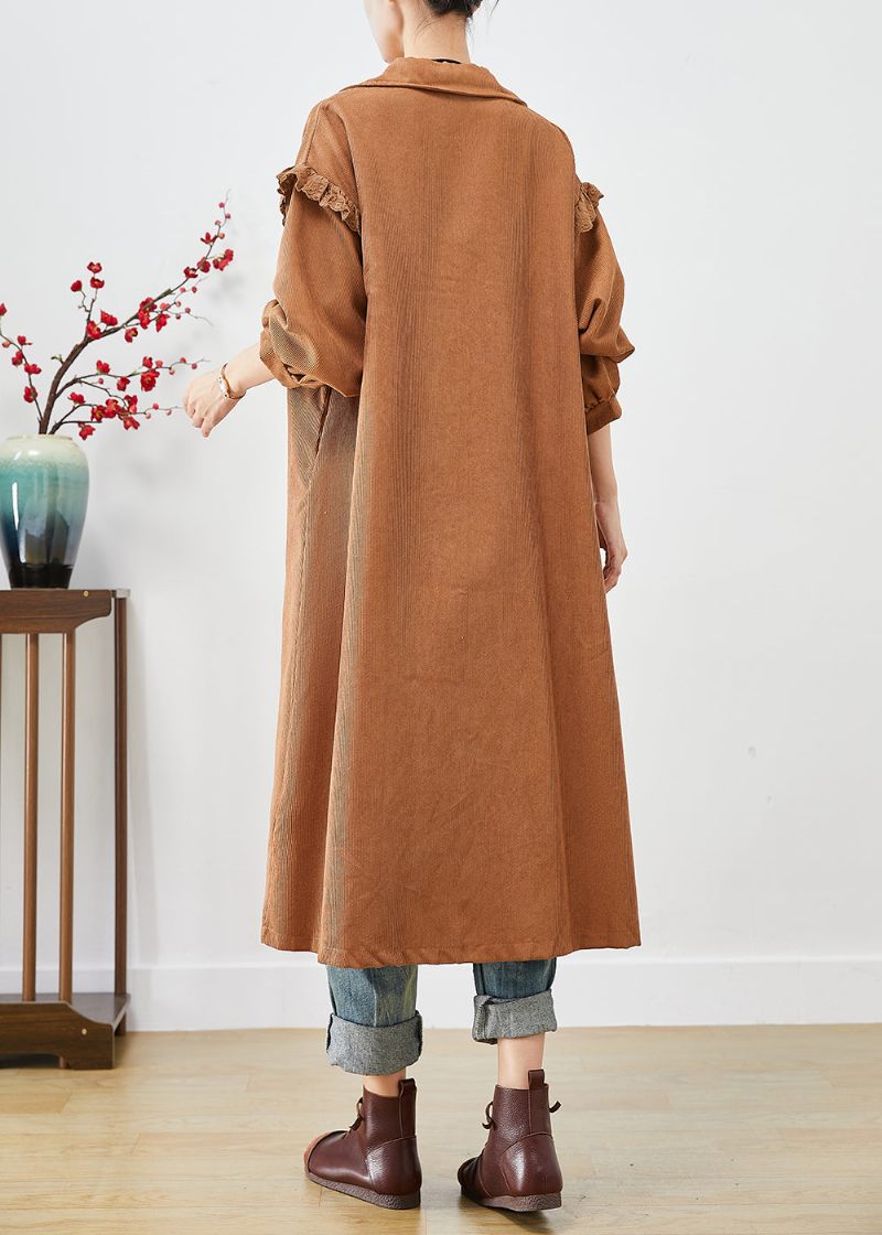 Art Khaki Ruffled Patchwork Asymmetrisk Corduroy Trench Coat Fall - Dame trenchcoats