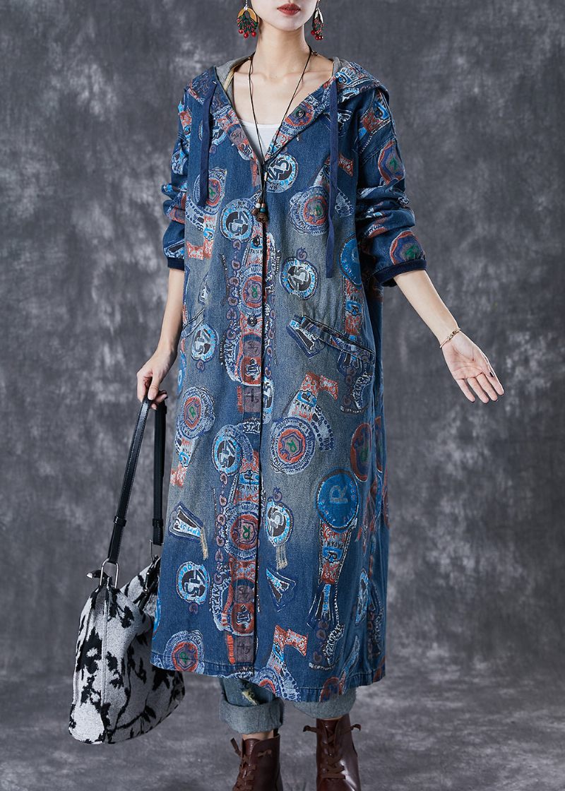 Art Navy Hooded Oversized Print Bomuld Trench Coats Efterår - Dame trenchcoats