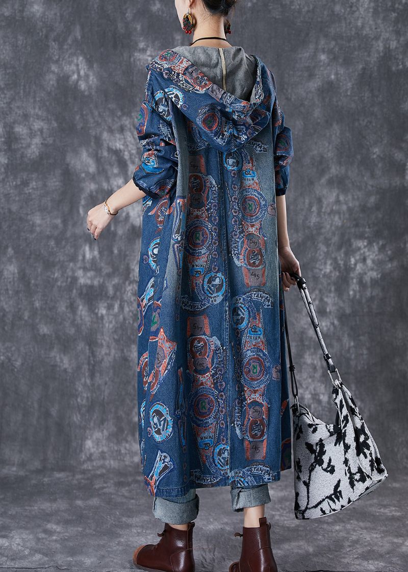 Art Navy Hooded Oversized Print Bomuld Trench Coats Efterår - Dame trenchcoats