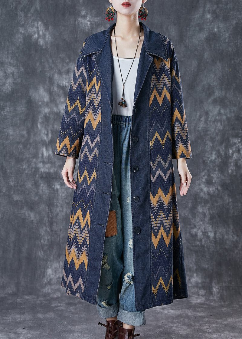 Art Navy Oversized Print Denim Coat Outwear Efterår