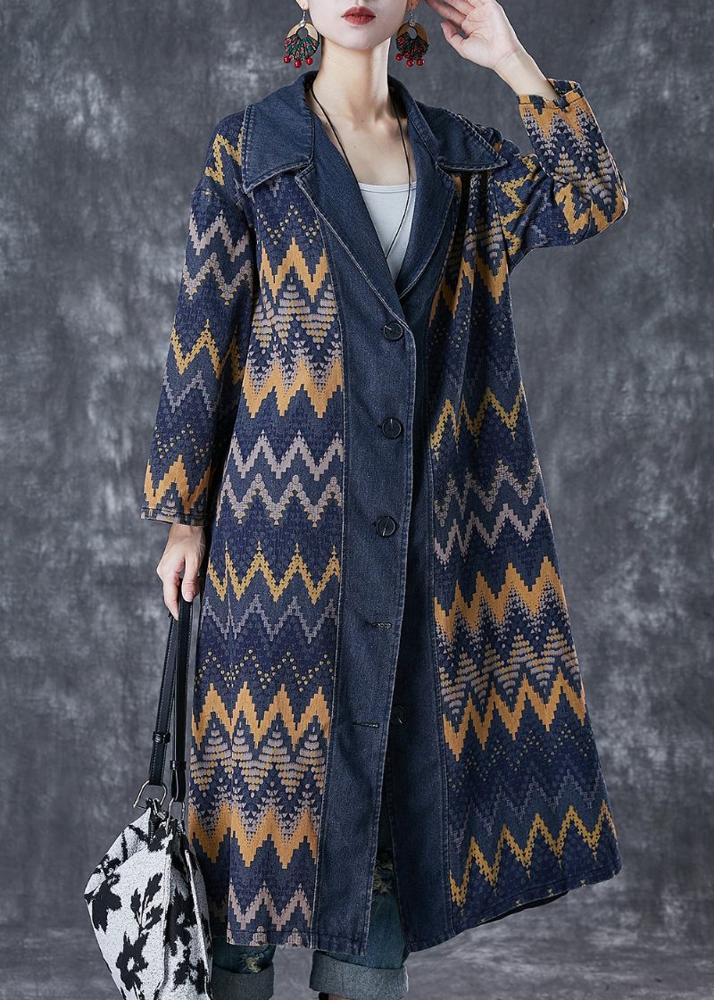 Art Navy Oversized Print Denim Coat Outwear Efterår - Dame trenchcoats