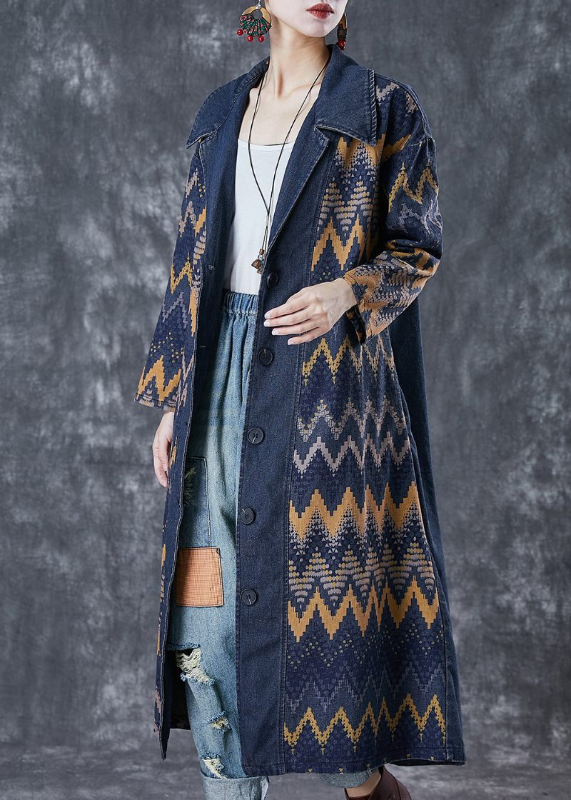 Art Navy Oversized Print Denim Coat Outwear Efterår - Dame trenchcoats