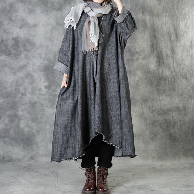 Art Sort V-halslommer Patchwork Fall Asymmetrisk Design Frakker Langærmet - Dame trenchcoats