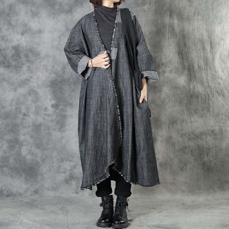 Art Sort V-halslommer Patchwork Fall Asymmetrisk Design Frakker Langærmet - Dame trenchcoats