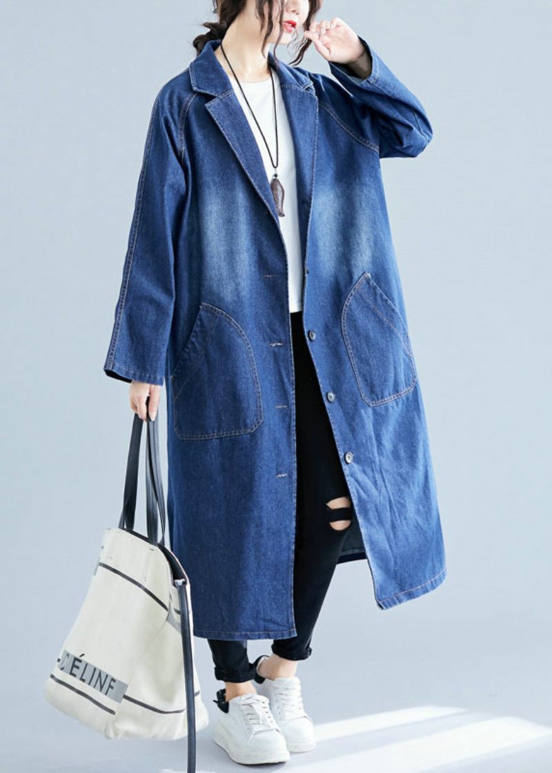 Blå Denim Trench Coats Overdimensionerede Lommer Efterår - Dame trenchcoats