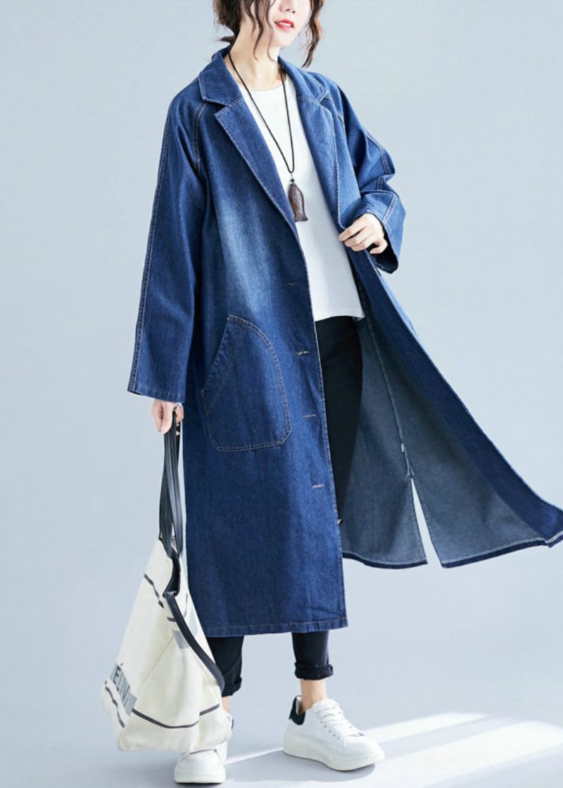 Blå Denim Trench Coats Overdimensionerede Lommer Efterår - Dame trenchcoats