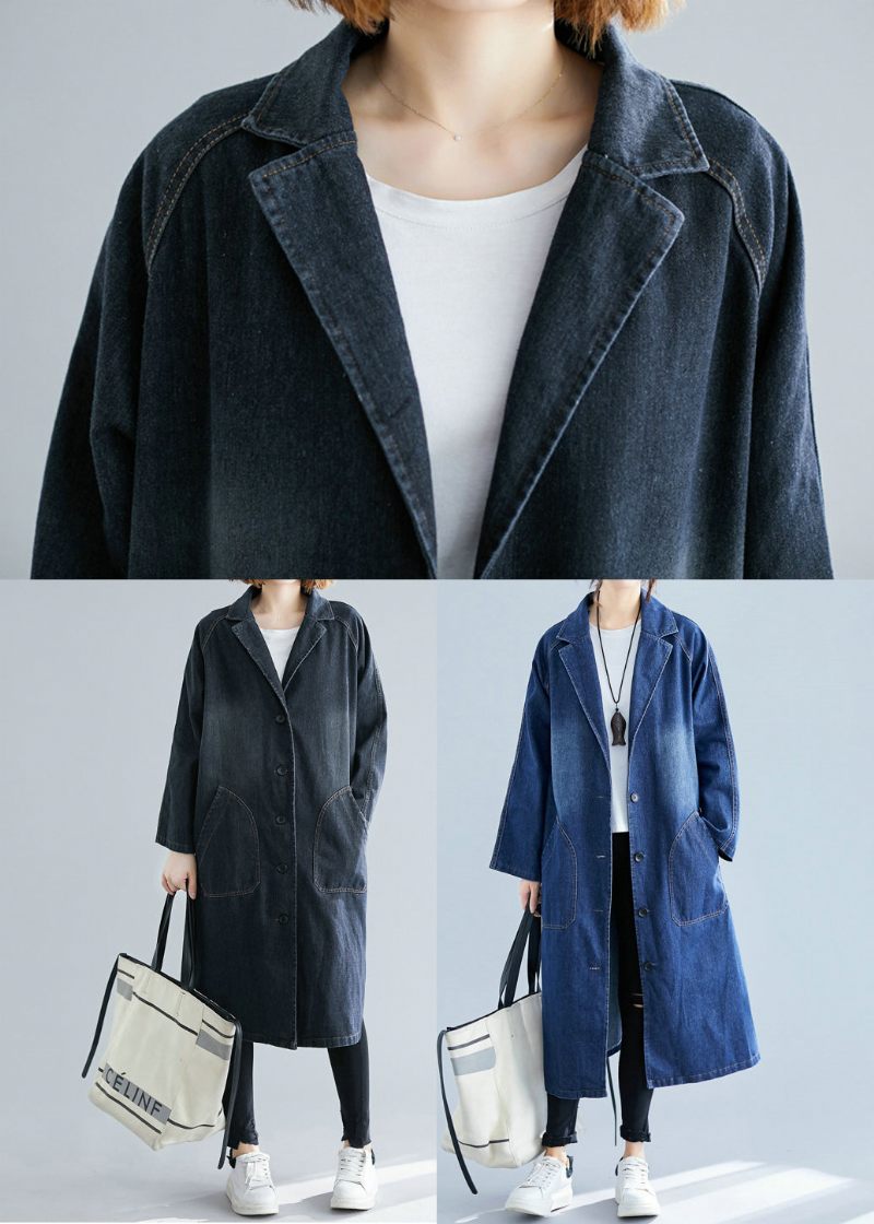 Blå Denim Trench Coats Overdimensionerede Lommer Efterår - Dame trenchcoats