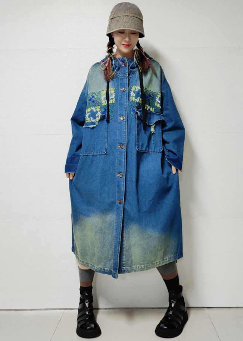 Blå Knaplommer Denim Trench Coat Broderet Langærmet - Dame trenchcoats