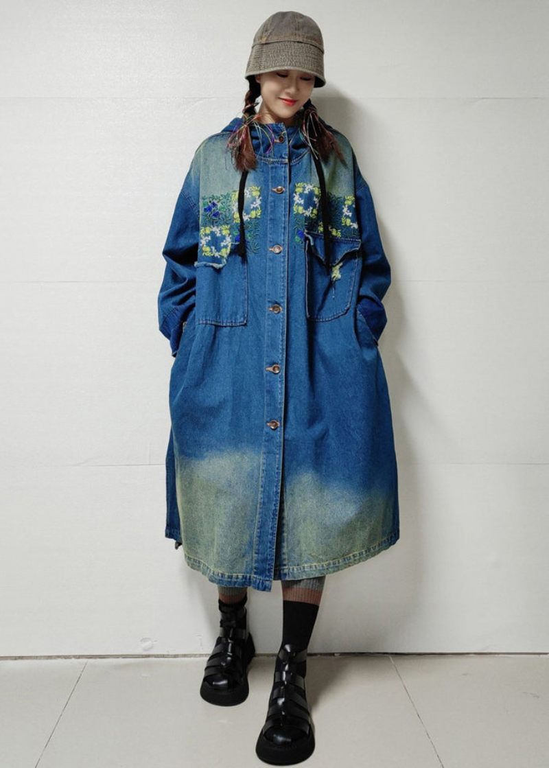 Blå Knaplommer Denim Trench Coat Broderet Langærmet - Dame trenchcoats