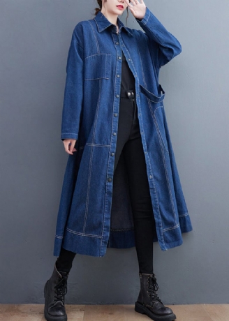 Blå Patchwork Denim Lang Trench Coat Peter Pan Krave Langærmet