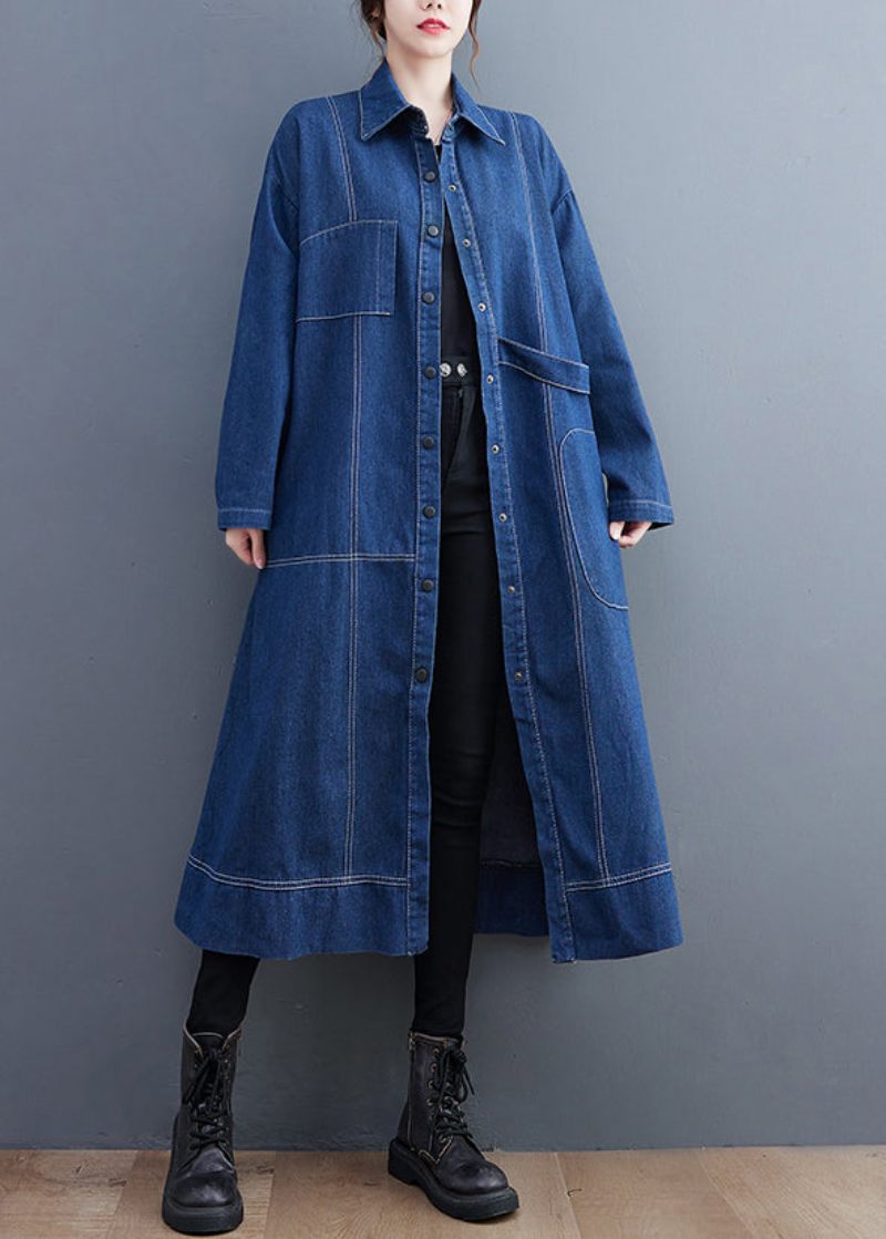 Blå Patchwork Denim Lang Trench Coat Peter Pan Krave Langærmet - Dame trenchcoats