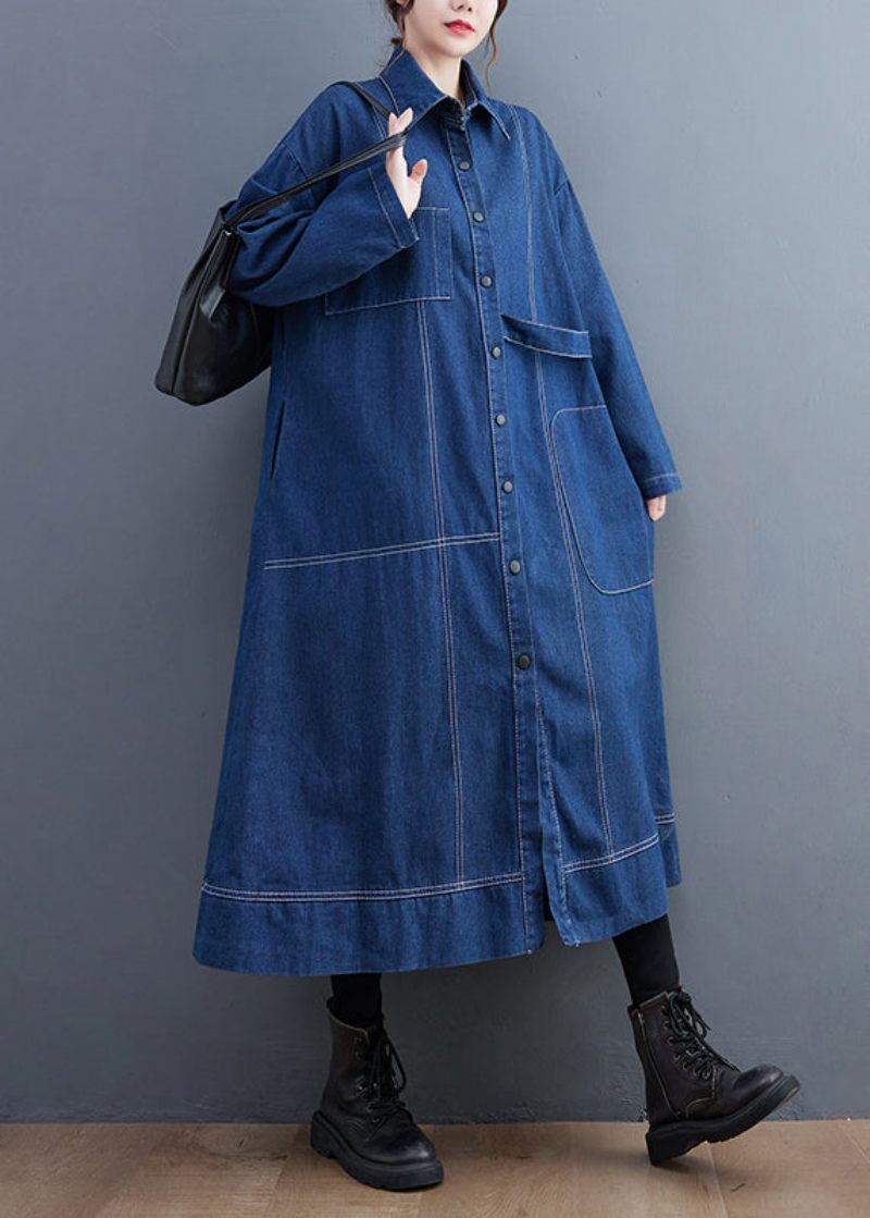 Blå Patchwork Denim Lang Trench Coat Peter Pan Krave Langærmet - Dame trenchcoats