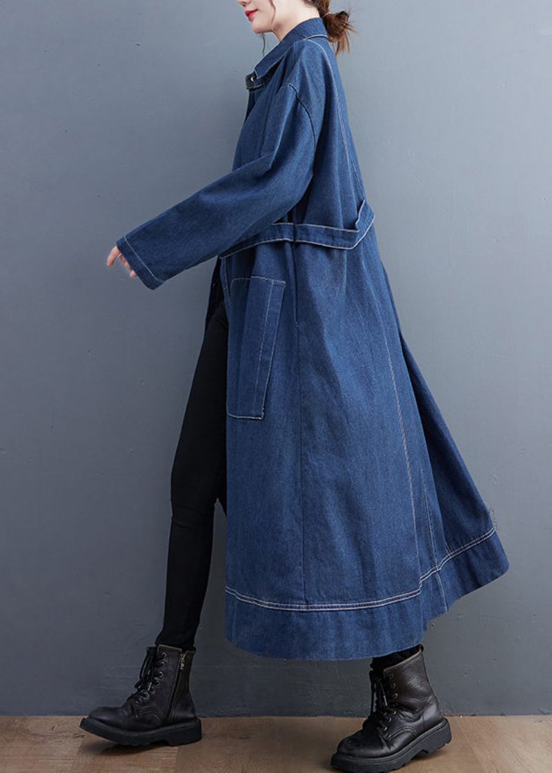 Blå Patchwork Denim Lang Trench Coat Peter Pan Krave Langærmet - Dame trenchcoats