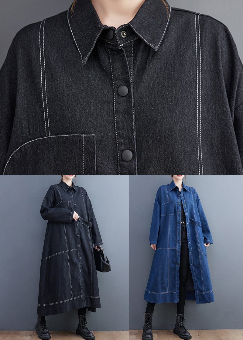 Blå Patchwork Denim Lang Trench Coat Peter Pan Krave Langærmet - Dame trenchcoats