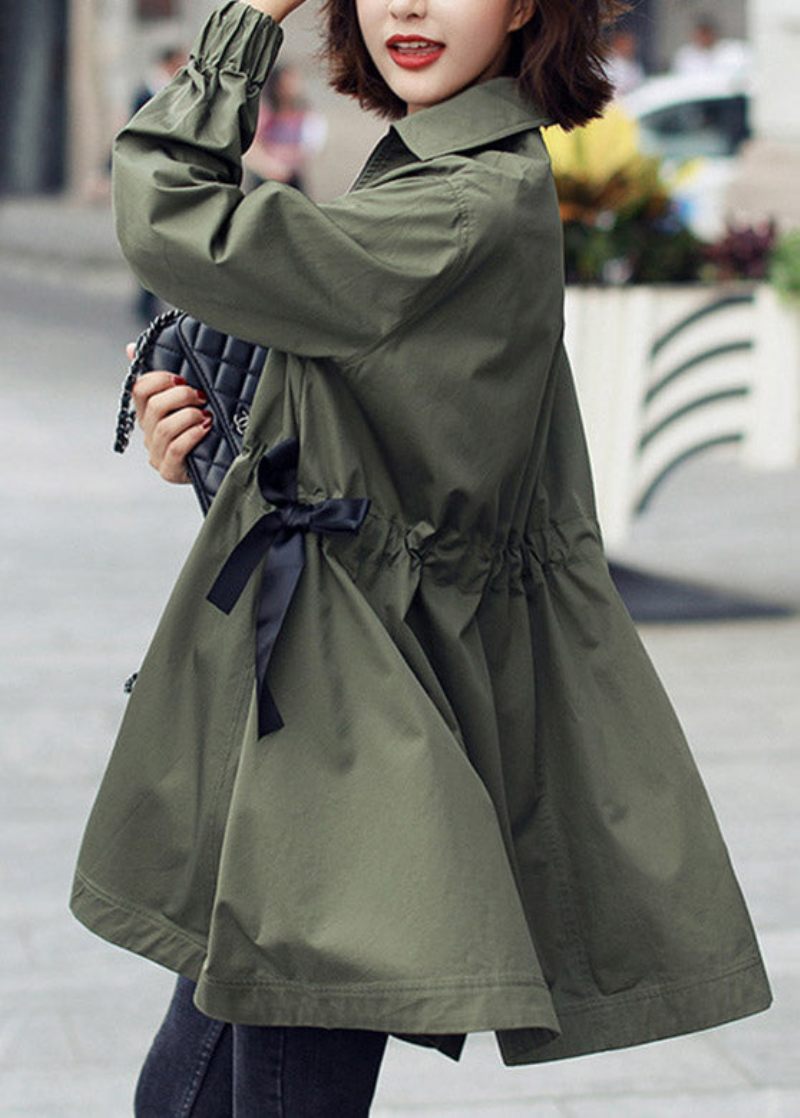 Bohemian Army Green Peter Pan Krave Lynlås Snøre Bomuld Lang Trench Coats Spring