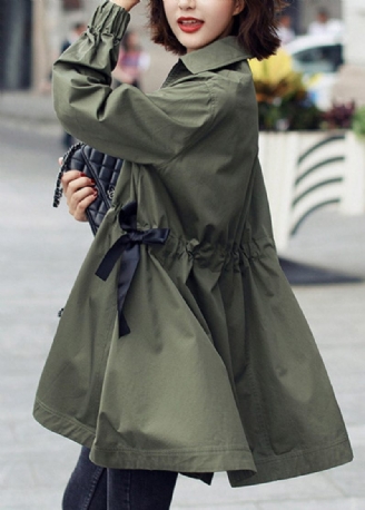 Bohemian Army Green Peter Pan Krave Lynlås Snøre Bomuld Lang Trench Coats Spring