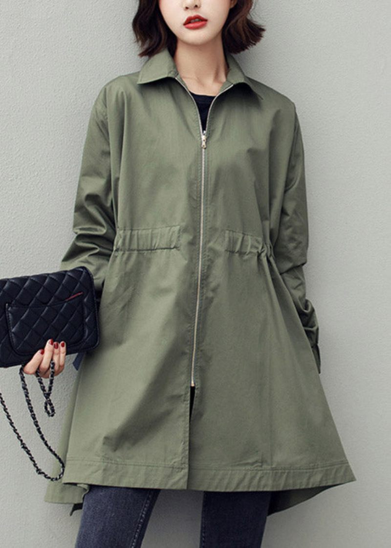 Bohemian Army Green Peter Pan Krave Lynlås Snøre Bomuld Lang Trench Coats Spring - Dame trenchcoats