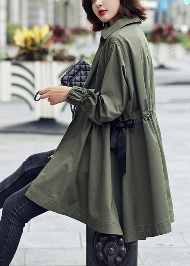 Bohemian Army Green Peter Pan Krave Lynlås Snøre Bomuld Lang Trench Coats Spring - Dame trenchcoats