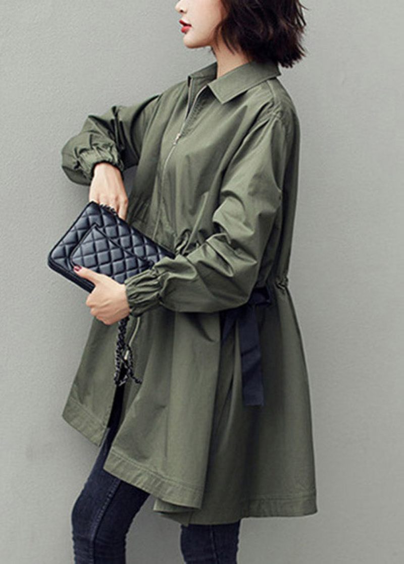 Bohemian Army Green Peter Pan Krave Lynlås Snøre Bomuld Lang Trench Coats Spring - Dame trenchcoats