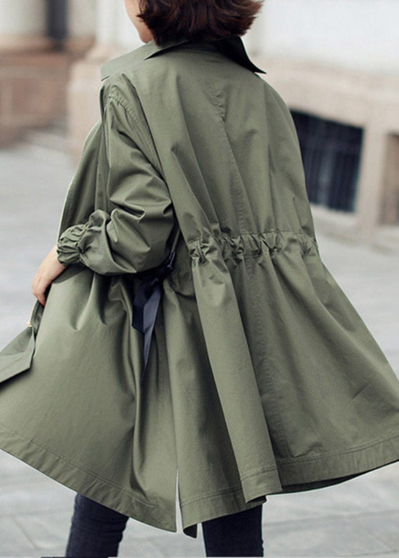 Bohemian Army Green Peter Pan Krave Lynlås Snøre Bomuld Lang Trench Coats Spring - Dame trenchcoats