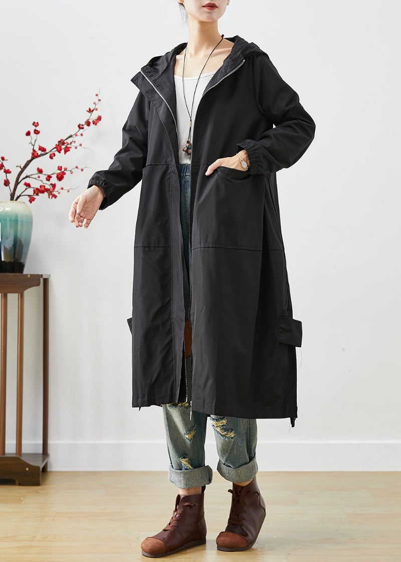 Bohemian Black Hooded Patchwork Lommer Spandex Coat Outwear Efterår - Dame trenchcoats