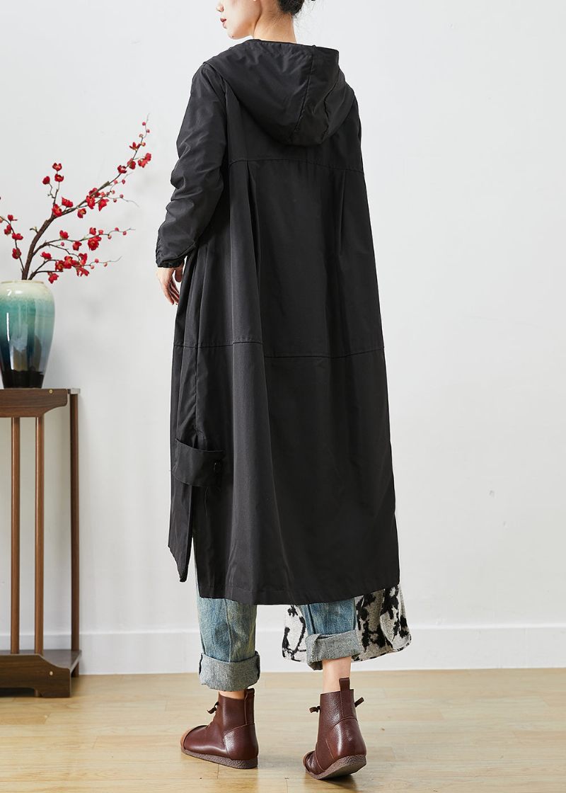 Bohemian Black Hooded Patchwork Lommer Spandex Coat Outwear Efterår - Dame trenchcoats