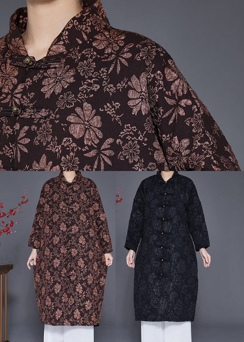 Bohemian Black Jacquard Kinesisk Knap Fin Bomuldsfyldt Parkajakke Vinter - Dame trenchcoats