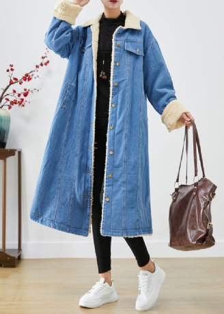 Bohemian Blue Oversized Tyk Fleece Uldforet Denim Trenchcoats Vinter