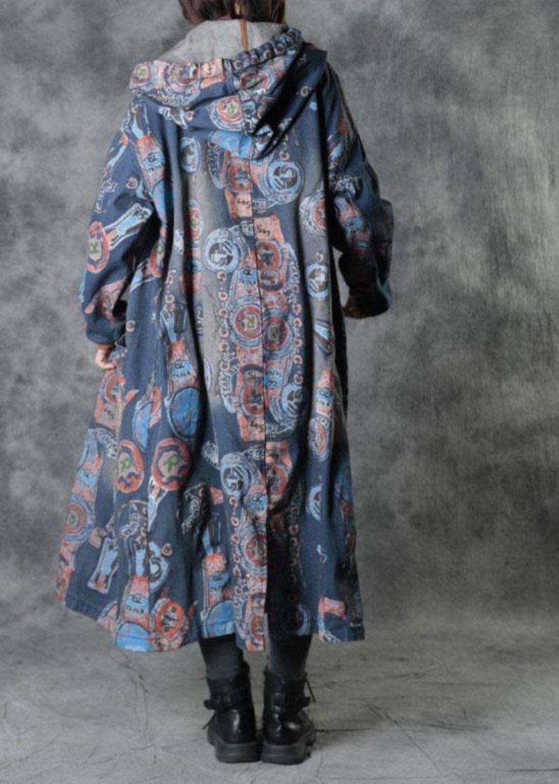 Bohemian Blue Pockets Fall Button Hoodies Outwear Langærmet - Dame trenchcoats