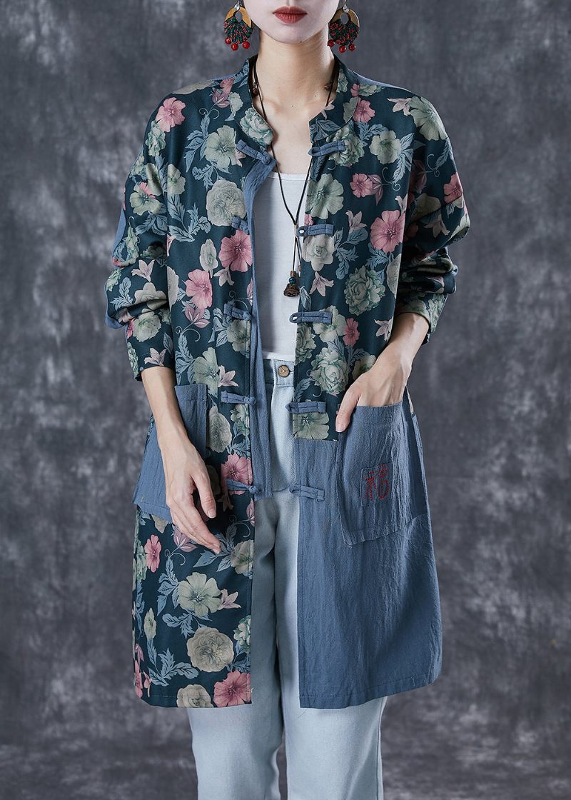 Bohemian Broderet Patchwork Print Linen Coat Outwear Efterår - Dame trenchcoats