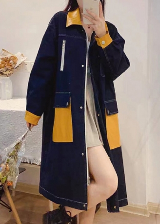 Bohemian Denim Blå Peter Pan Krave Patchwork Lynlås Knap Lin Lang Trench Coats Efterår