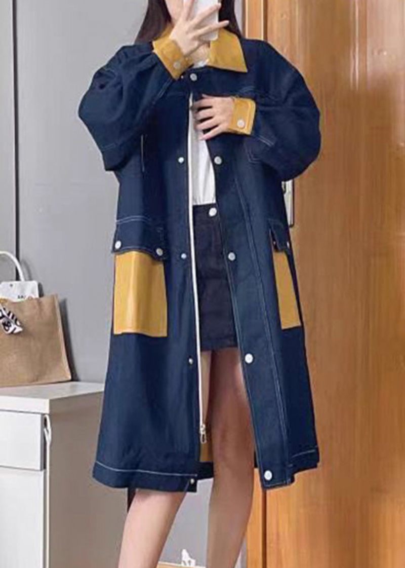 Bohemian Denim Blå Peter Pan Krave Patchwork Lynlås Knap Lin Lang Trench Coats Efterår - Dame trenchcoats