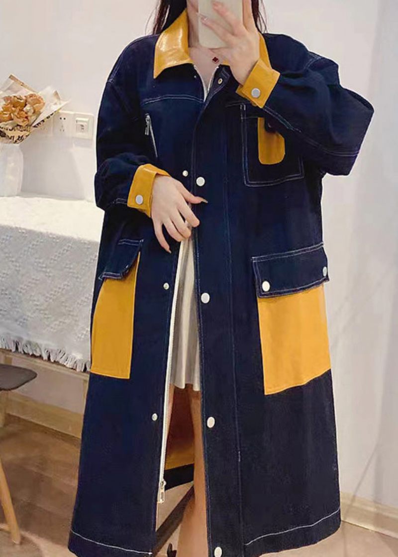 Bohemian Denim Blå Peter Pan Krave Patchwork Lynlås Knap Lin Lang Trench Coats Efterår - Dame trenchcoats