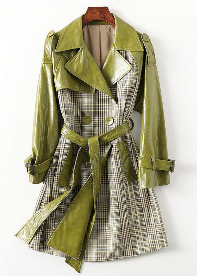 Bohemian Green Peter Pan Krave Stribet Patchwork Tie Talje Knap Lommer Læder Trench Coats Langærmede