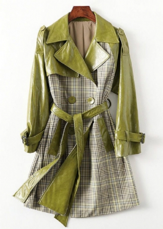 Bohemian Green Peter Pan Krave Stribet Patchwork Tie Talje Knap Lommer Læder Trench Coats Langærmede